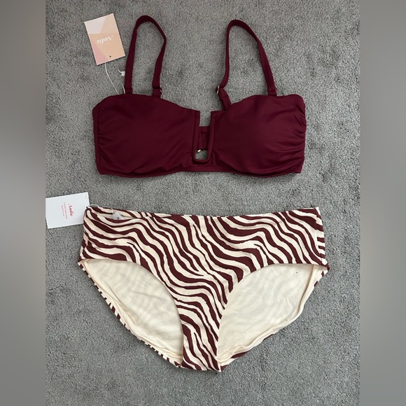 Andie Swim Bikini Cartagena Top in Burgundy Hipster Bottom in Truffle Stripe Med - Picture 1 of 8